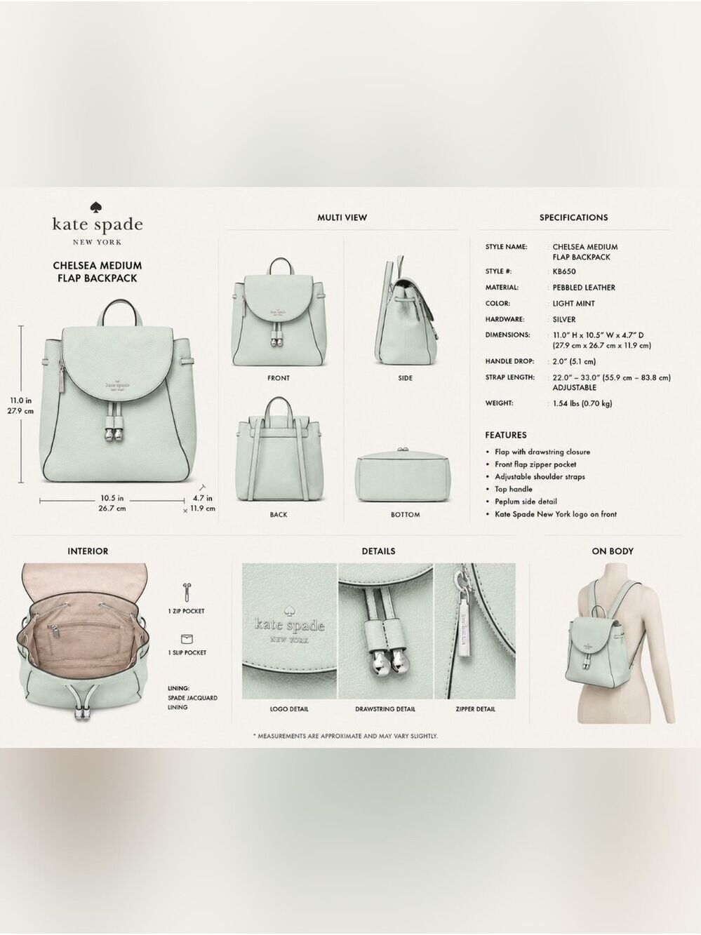 Kate Spade Mint Green Pebble Leather Backpack - Picture 7 of 7